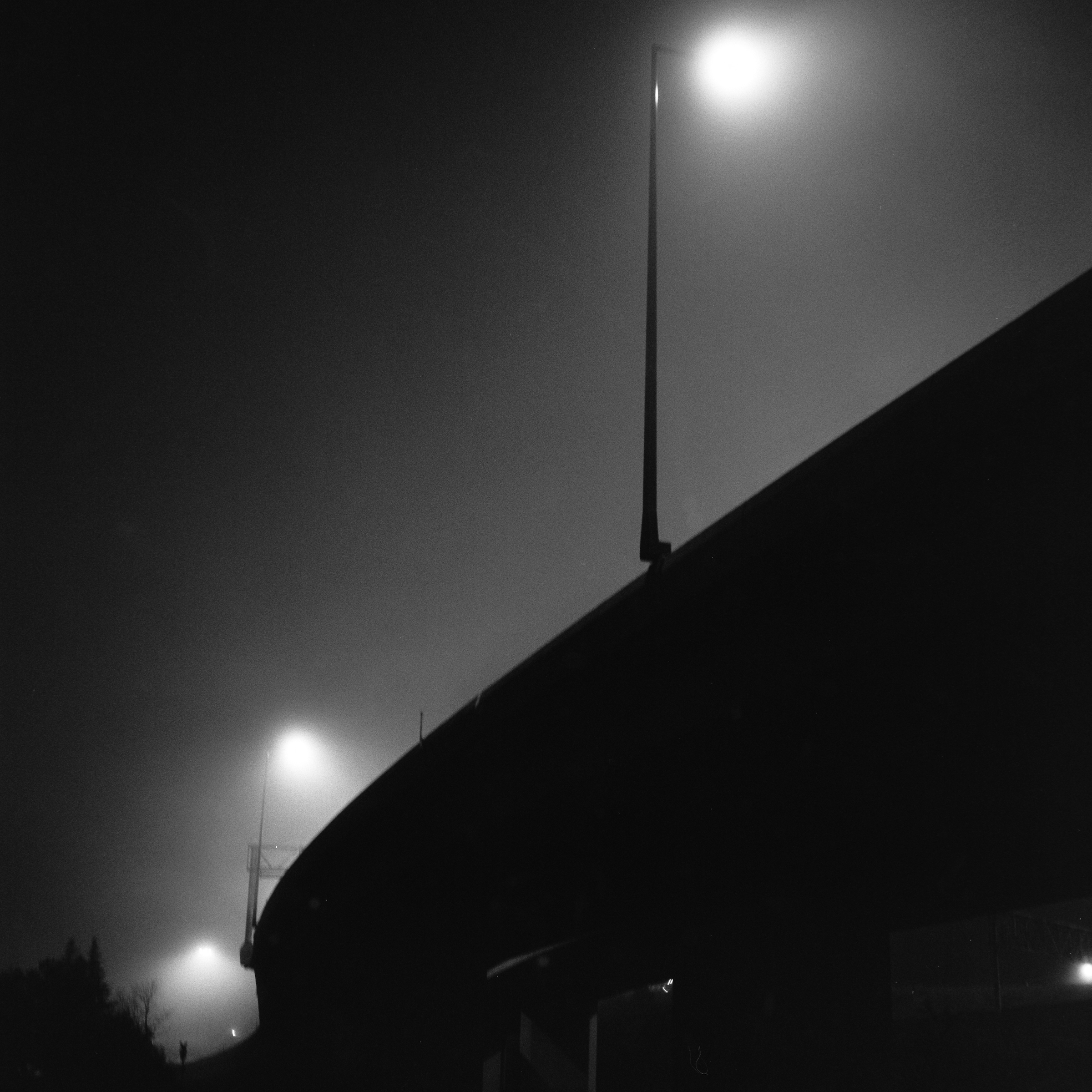 Freeway overpass in the fog
